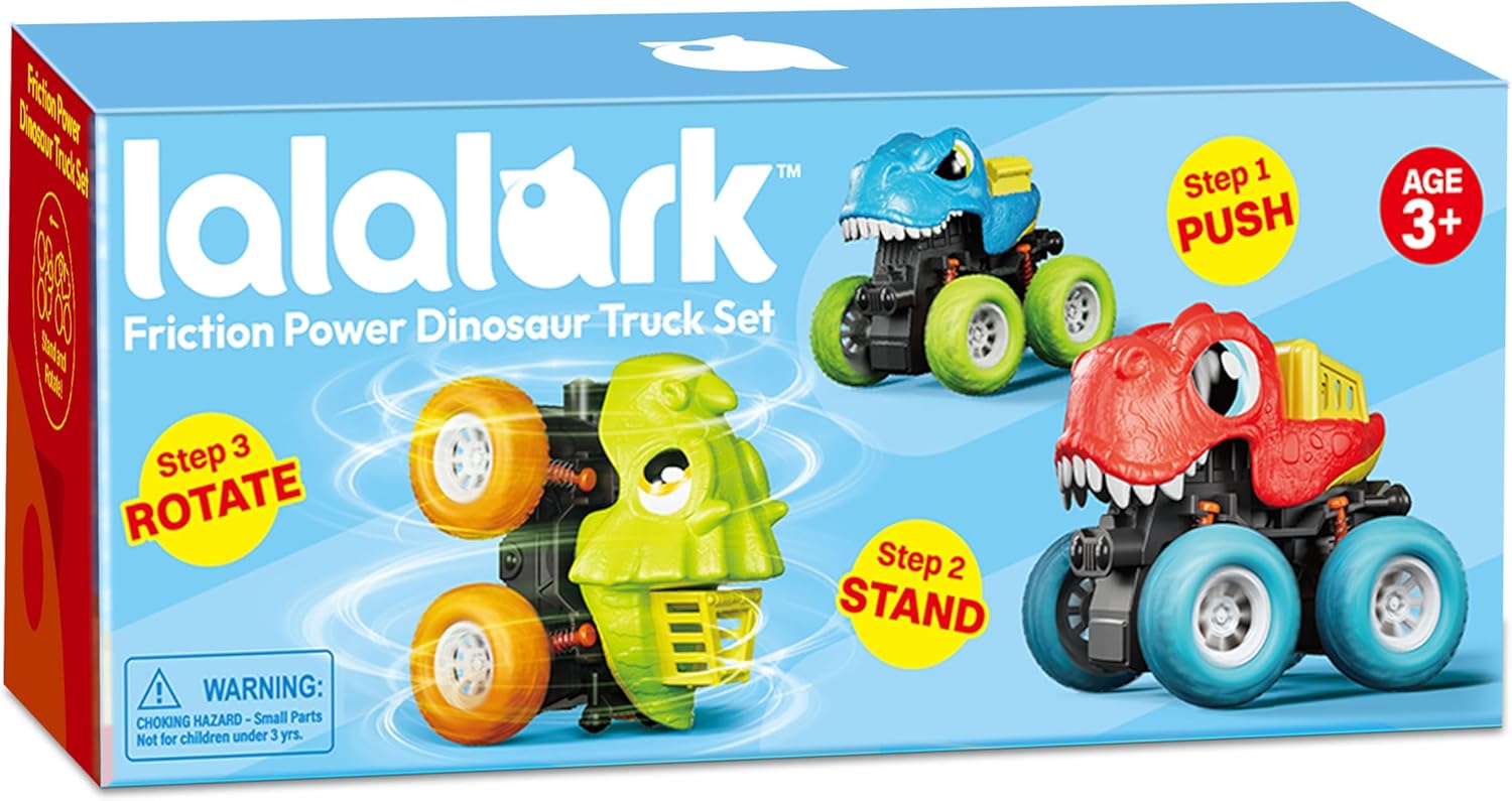 lalalark JOVA Dinosaur Toys for 2 3 4 5 Year Old Boys - 3 Pack Monster Truck Toys with Friction Power 360° Rotating Push and Go Cars - Toddler Cars for Kids, Birthday Gifts for Kids Boys 3-5