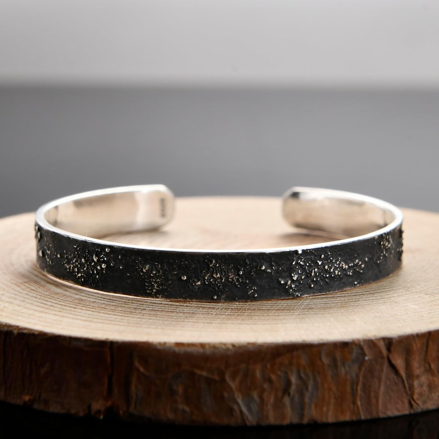 8MM Silver Fusing Lava Rustic Celestial Cuff For Him, Men's Silver Engraved Bracelet, Adjustable Gunmetal Grey Cuff