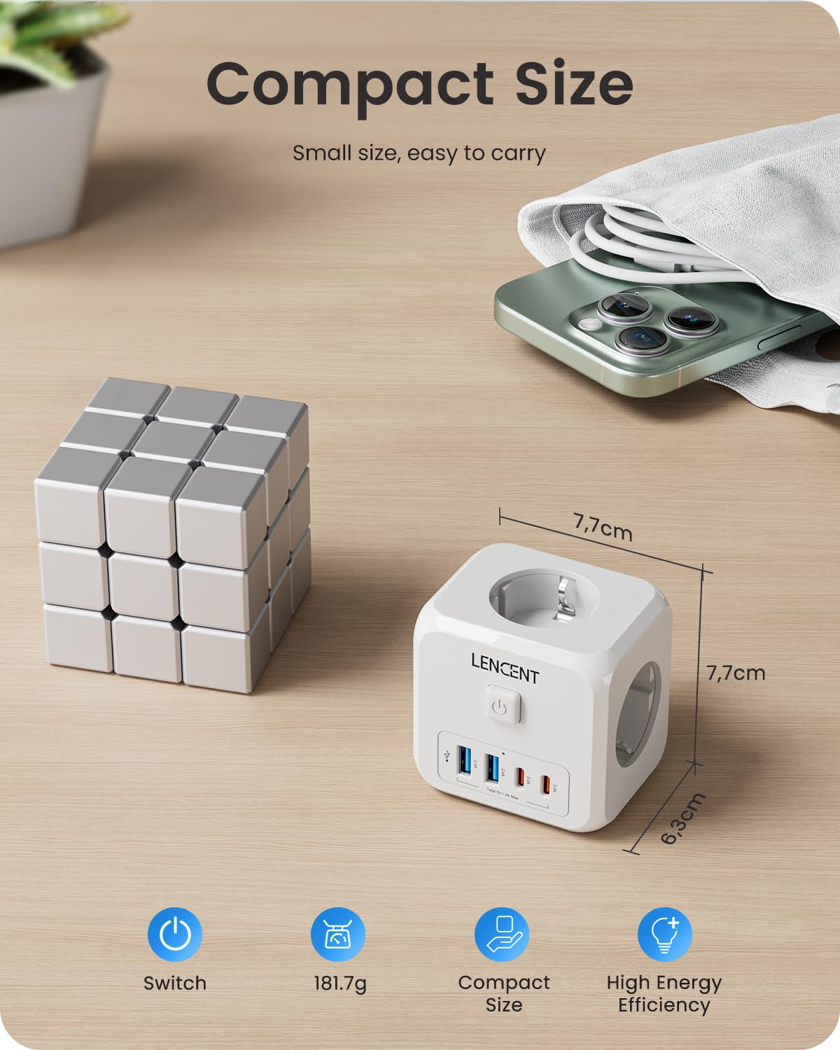 LENCENT Cubo Enchufe USB 7 en 1, Ladron Enchufes 4000W, Cubo Enchufes Múltiples Pared con 3 Tomas de CA, 2 USB-A, 2 Tipo-C y Interruptor, Cargador para Oficina, Cocina y Habitación, Blanco