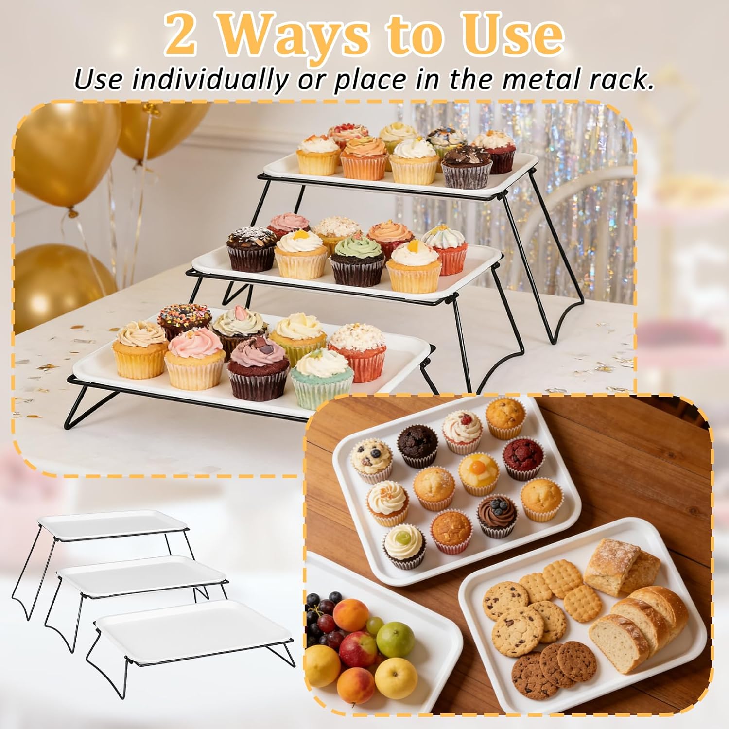 Extra Large 3 Tier Serving Tray Set, 35.43" x 16.14" x 10" Cupcake, Fruit, Cookie, and Dessert Display Stand — White Melamine Tiered Platters for Parties, Buffets & Events