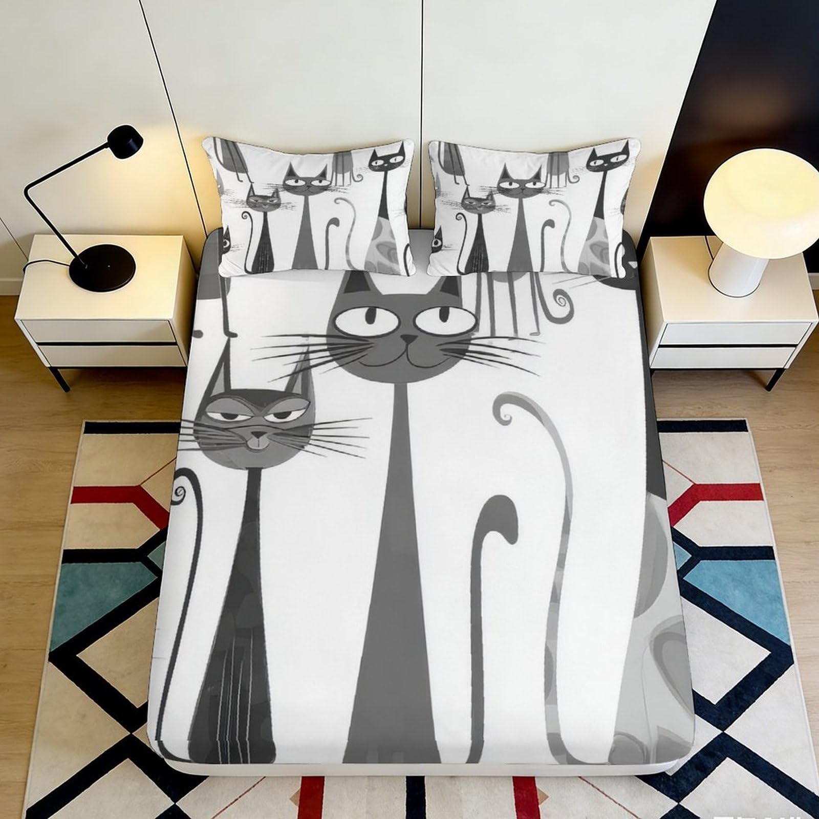 Pnayamiorkfel Style-1 3D Printed Black Cat Fitted Sheet Microfiber Soft Grey Cartoon Cat Mattress Cover Bedroom Decor Dustproof 90X200x25cm