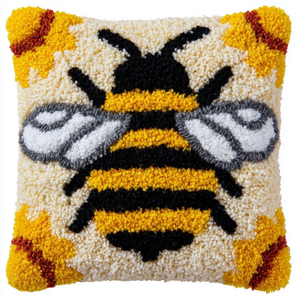 AMBATTERY DIY Latch Hook Kits Animals Bees Pillow with Printed Canvas Handmade Cushion Crochet Yarn Embroidery Hook and Latch Kit Pillowcase Decoration 43x43cm