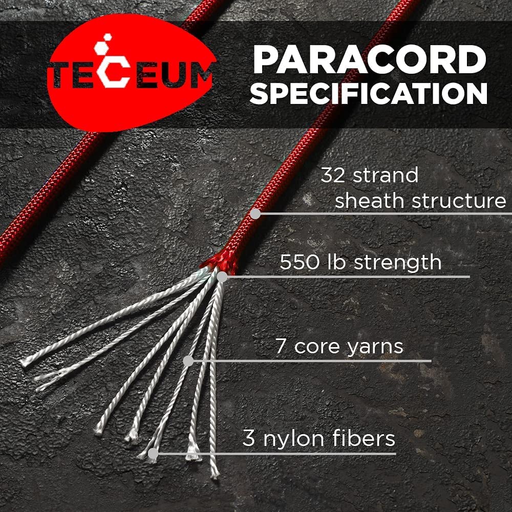 TECEUM Paracord typ III 550 czerwony (ogień), 15 m, 4 mm, lina taktyczna MIL-SPEC, bordowa, linka do pary, na kemping, wędrówki, sprzęt wędkarski, linka spadochronowa EDC - mocna lina survivalowa 021