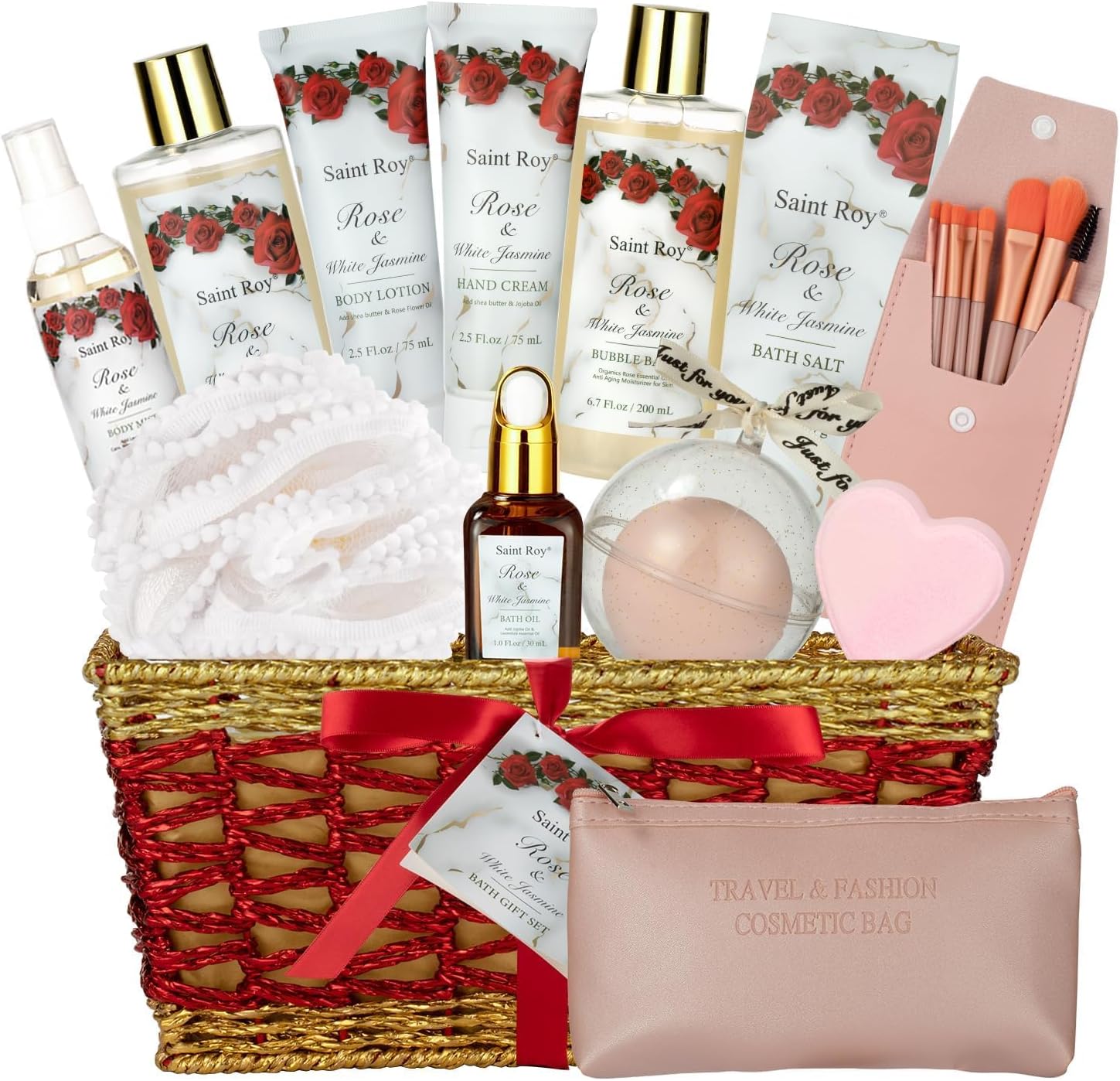 Mothers Day Gifts for Women, 21 Pcs Large Spa Basket Gift for Women, Red Rose Bath and Body Basket Gift, Skin Care, Home Spa Self Care, Bath Kit, Birthday, Christmas, Bridal Shower, Anniversary