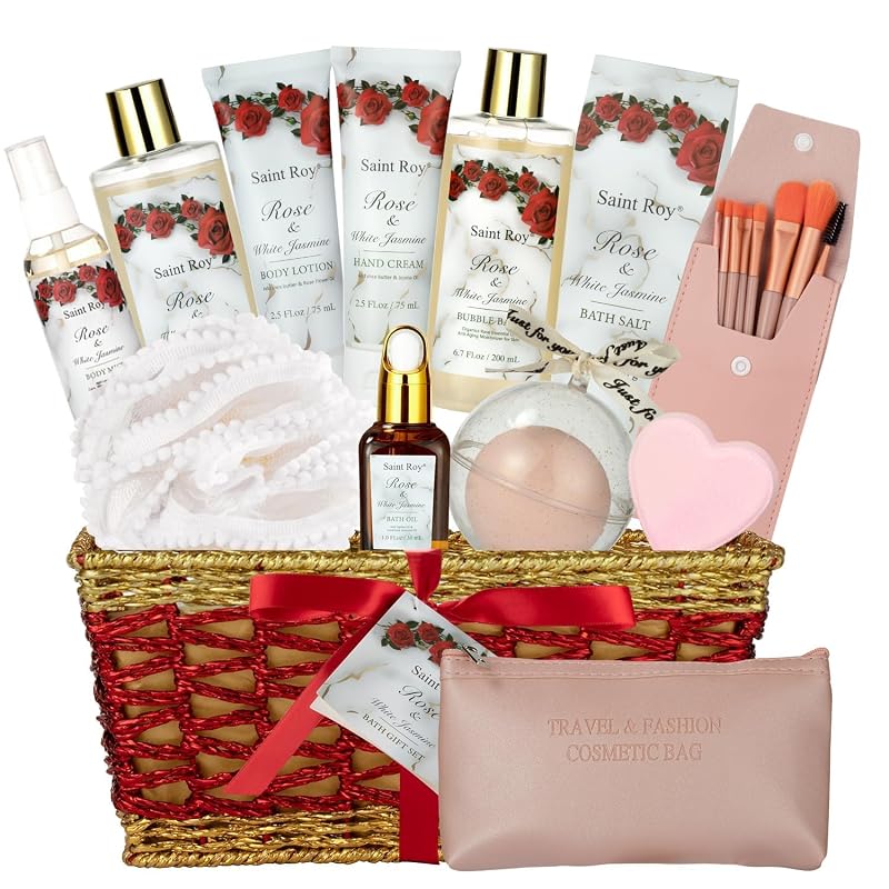 Saint Roy Conjunto de Banho e Corpo com Cesta Presente, Rosa Vermelha, 21 peças