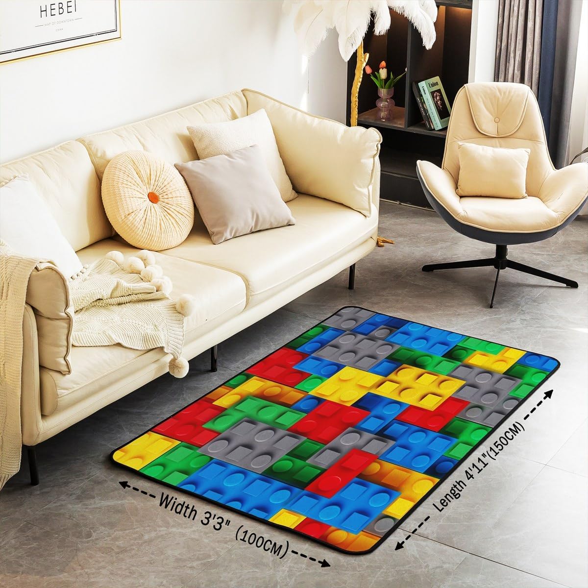 Colorful Toy Area Rug 3x5, 3D Building Blocks Pattern Rug, Kids Boys Toy Bricks Carpet for Living Room, Fun Brick Gradient Rainbow Non Slip Washable Decorative Rug, Red Yellow Blue Grey
