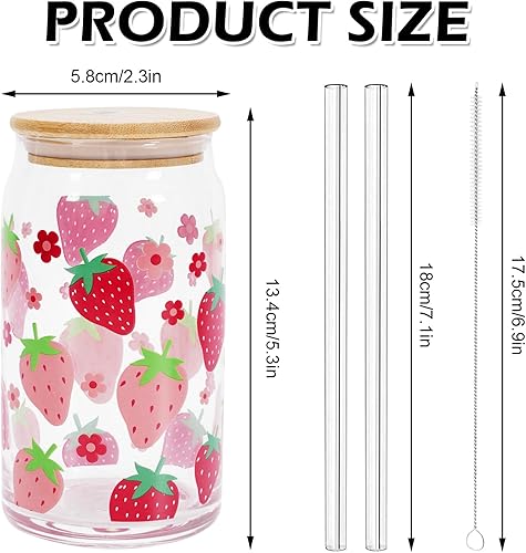 Miniatura 2 de Whaline Taza de café helado de fresa para primavera y verano, paquete de 2 vasos de cerveza con tapa, cepillo de limpieza para regalos de oficina en
