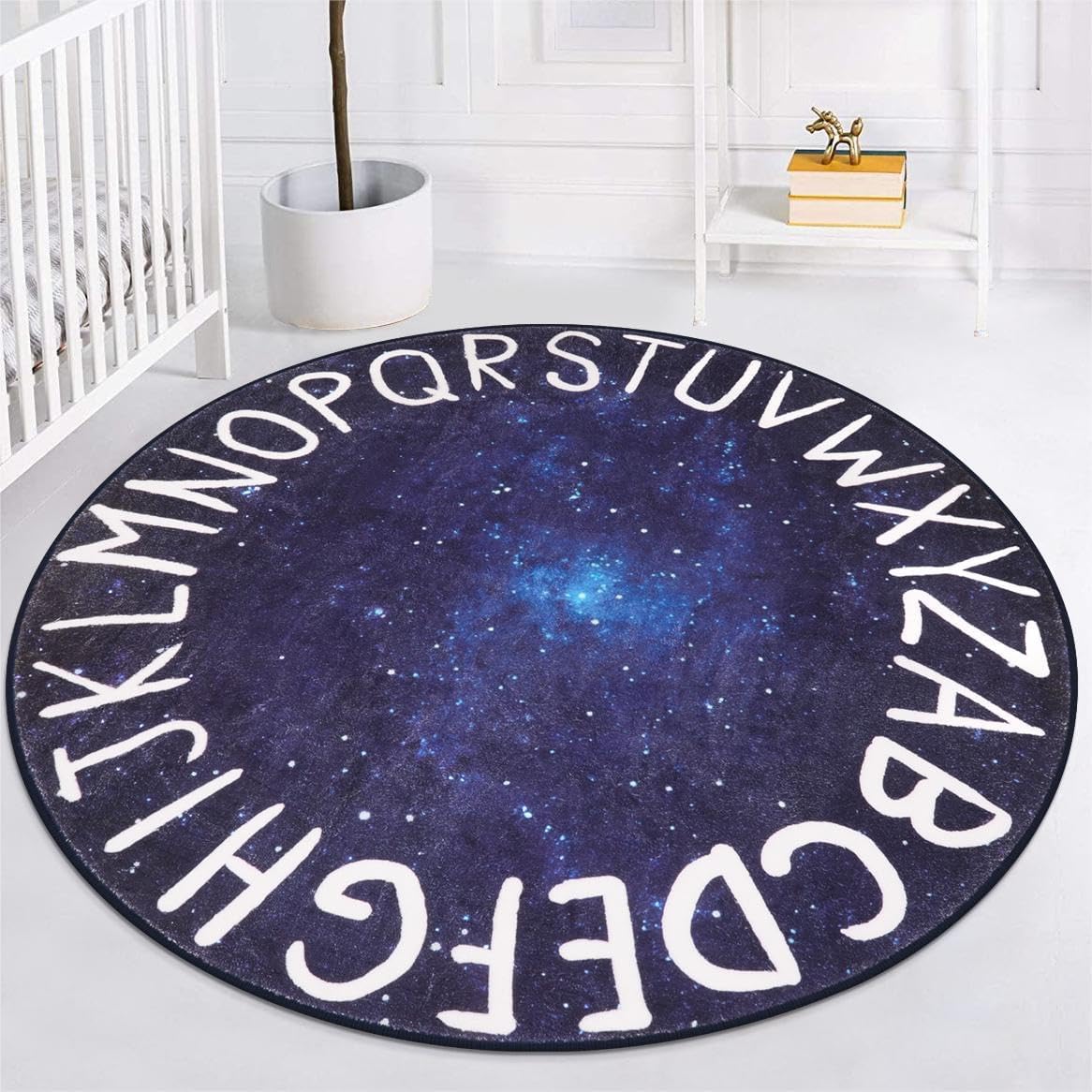 LIVEBOX Space Play Room Round Kids Rug for Boy and Girl, Circle Alphabet Washable Rug Crawling Nursery Rug for Playroom, Galaxy Non-Slip Play Mat Learning Carpet for Children Room (59",Star Blue)