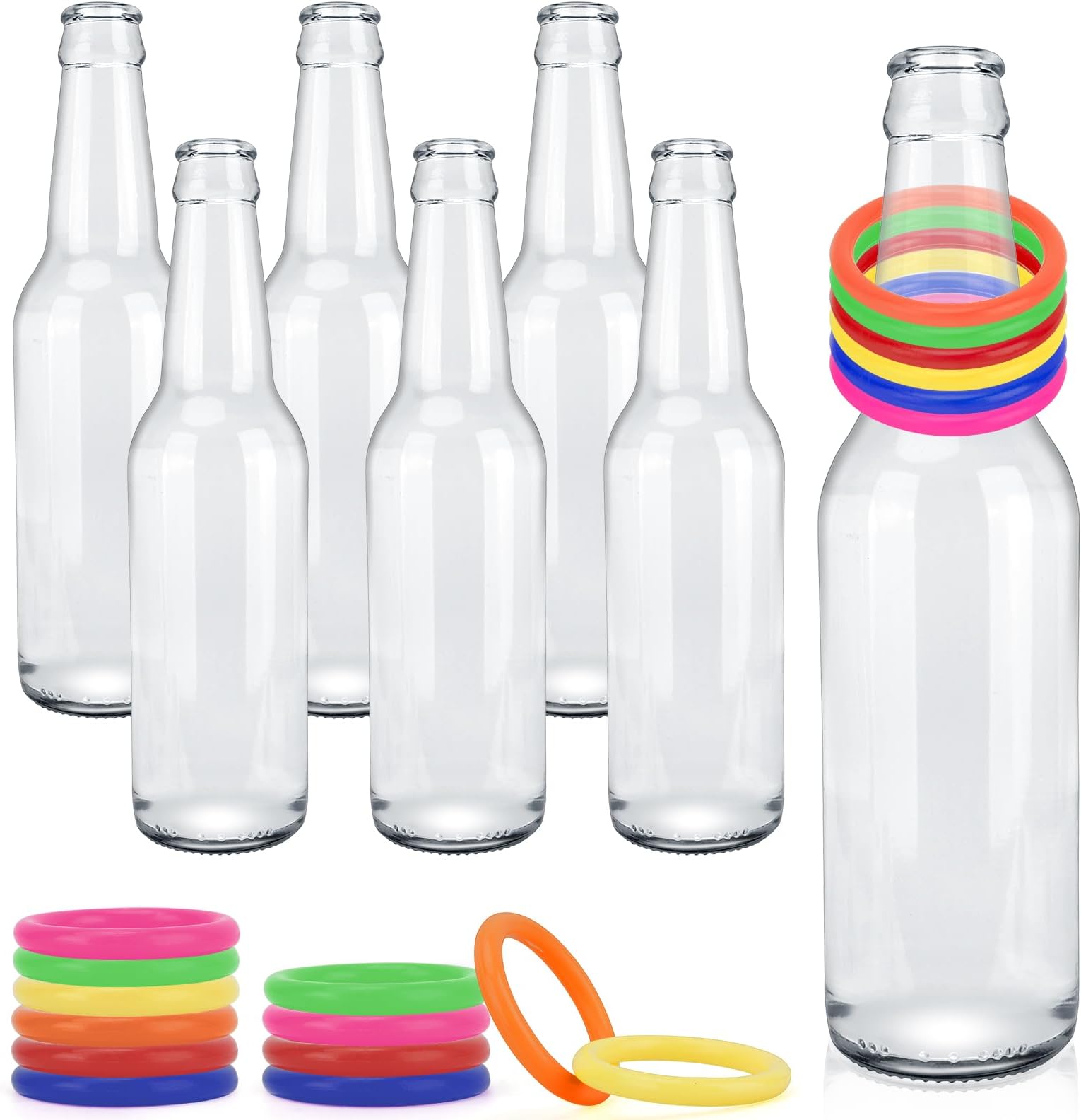 30 Pcs Ring Toss Game Carnival Game Set Include 24 Plastic Throw Rings and 6 Glass Bottles for All Occasions and Events, Summer Backyard Fun, Beach, Carnival Party Favor