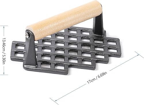 Miniatura 2 de HAWOK Prensa de parrilla pre-sazonada de hierro fundido con mango de madera, juego de 2..