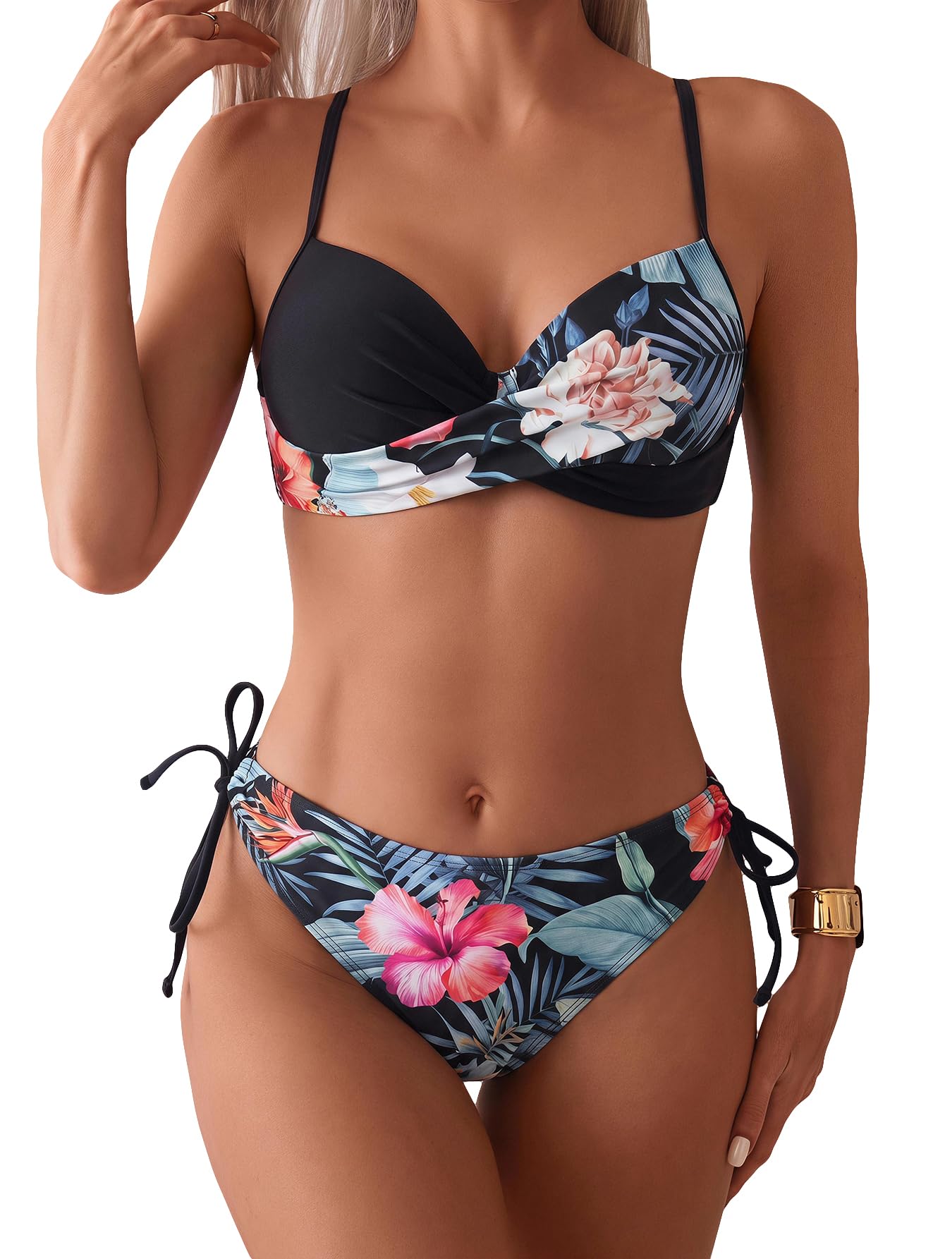 GORGLITTER Conjunto de bikini push up para mujer, traje de baño de dos piezas, ropa de playa tropical, conjunto de traje de baño de verano de 2 piezas con patrón