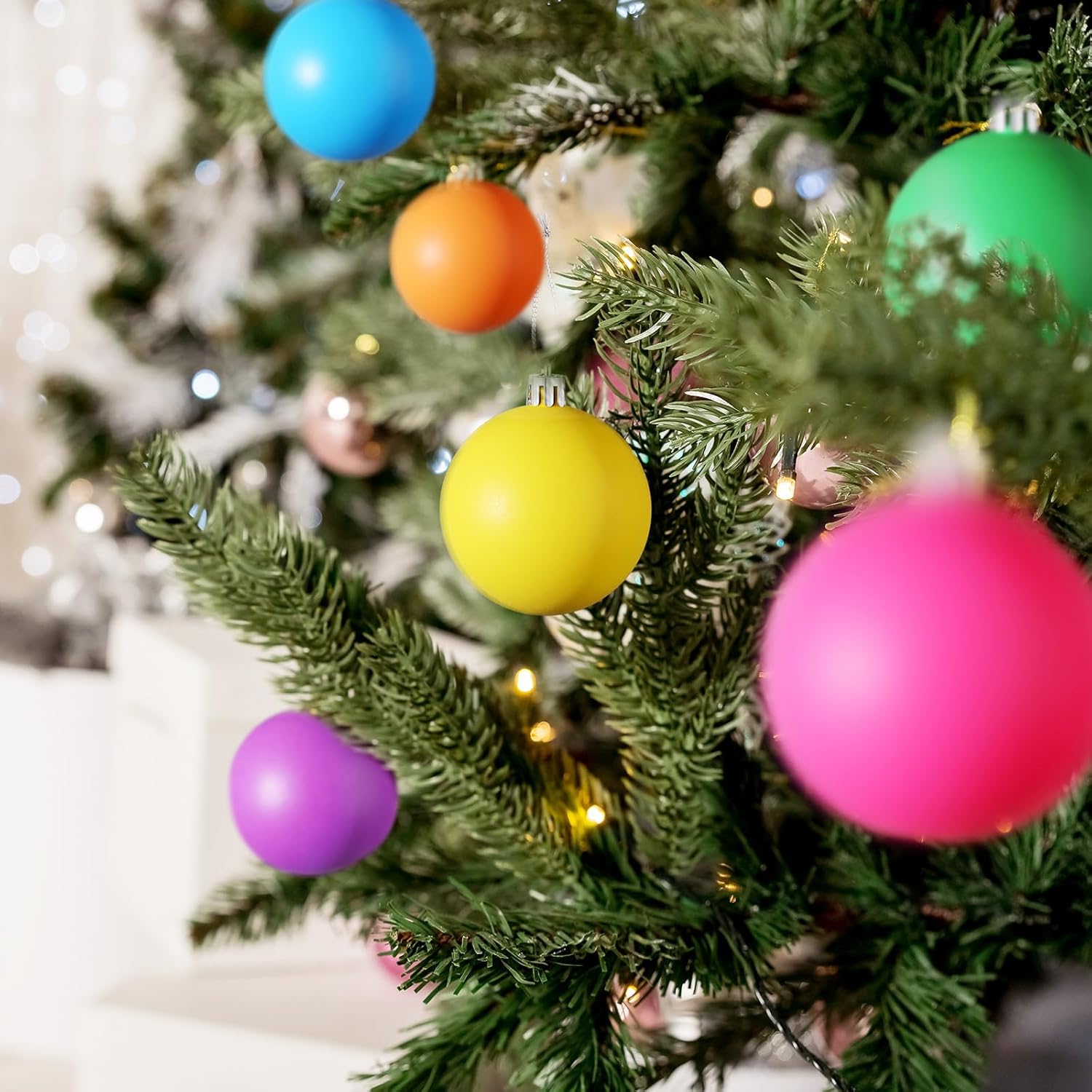 Christmas Ball Ornaments Neon Color Christmas Tree Decorations Xmas Tree Decor Colored Shatterproof Baubles Plastic Holiday Hanging Balls for Christmas Party(36 Pcs,2.36 Inch)