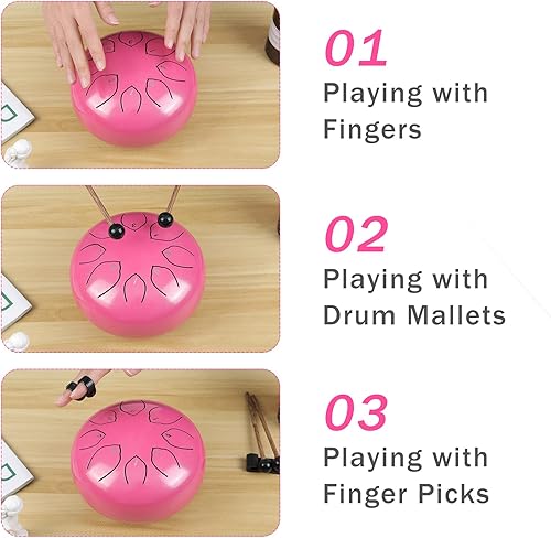 Miniatura 6 de Tambor de lengua de acero de 6 pulgadas, 8 notas, instrumento de percusión, tambor de lengua con llave en C con bolsa, par de mazos, paño de