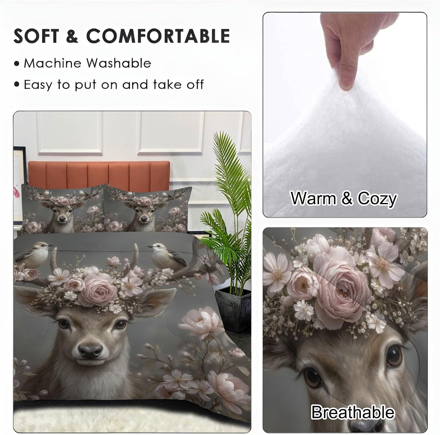 Kids 90" x 90" Coverless Duvet for All Seasons, Reversible Washable 3 Quilt with Countryside Flowers Patterns, Grey Comforter with 2 Pillowcases 50x75cm, Queen