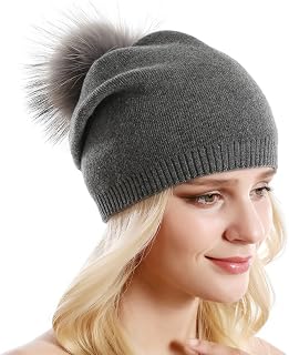 Queenfur Women Knit Wool Beanie Winter Cashmere Ski Hats Real Raccoon Fur Pom Pom
