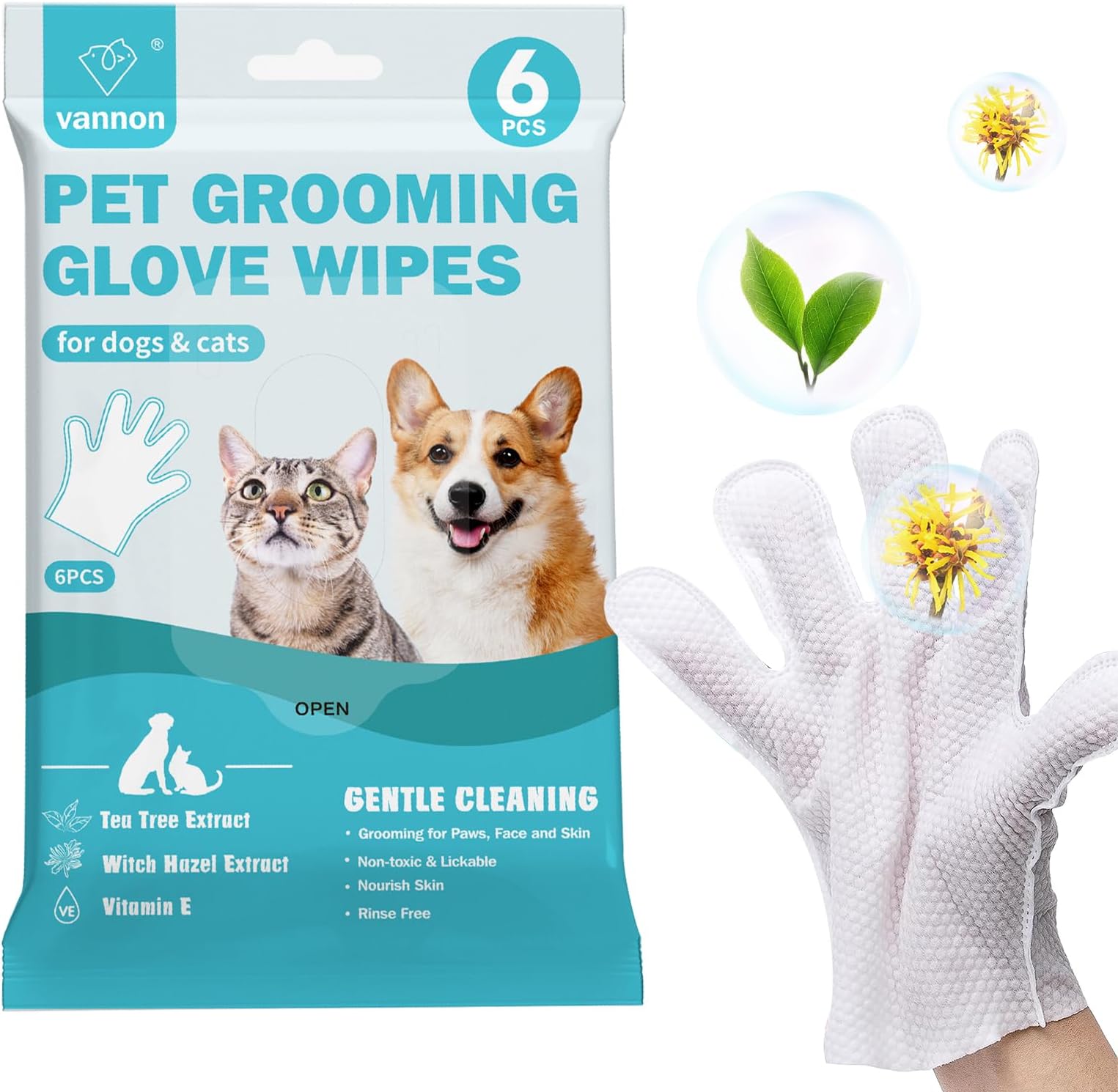VannonExtra Thick Pet Bathing Wipes for Dogs & Cats, Cleaning & Deodorizing Grooming Gloves, Nourish Fur Glove Wipes for Daily Care and Traveling, Rinse Free, Unscented, 6 PCS