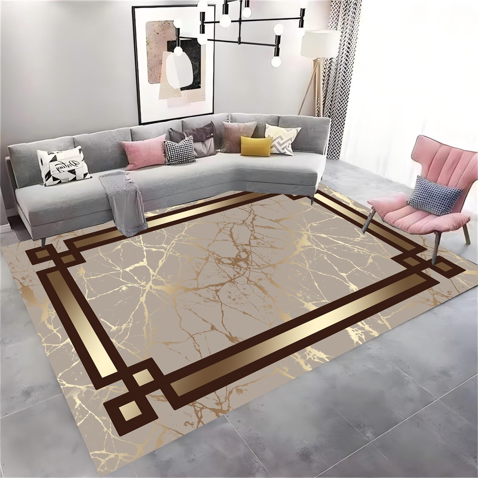 HONGXIU Gold Stripes Area Rug,120x180cm Abstract Yellow Marble Texture Rug, Machine Washable Rugs Living Room Bedroom Soft Low Pile Rug Non Slip Floor Decor Study Carpet