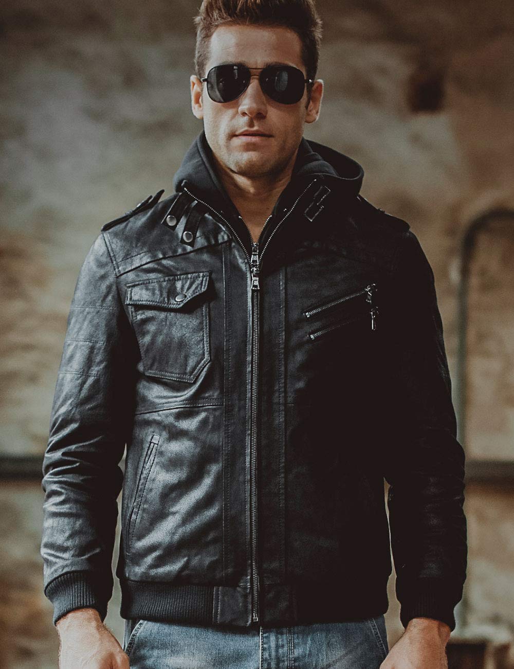 FLAVOR Giacca di Pelle Vera Uomo Moto Cappuccio Staccabile