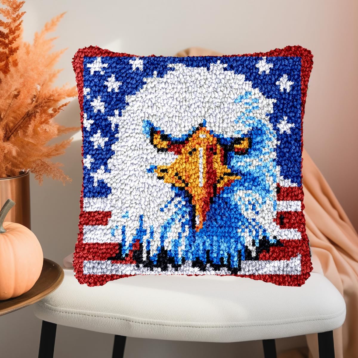 American Flag Eagle Latch Hook Pillow Kit for Adults Throw Pillow Cover with Printed Canvas Crochet Yarn Needle Craft Easy DIY Handmade Cushion for Sofa Decoration 43x43cm(5)