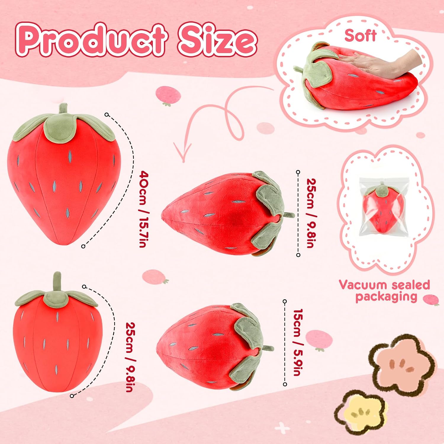 Juexica 2 Pcs Strawberry Pillow 15.7 Inch 9.8 Inch, Fruit Plush Pillow, Soft Kawaii Strawberry Bedroom Decor, Birthday Gifts for Women, Aesthetic Cute Berry Decor(Red)