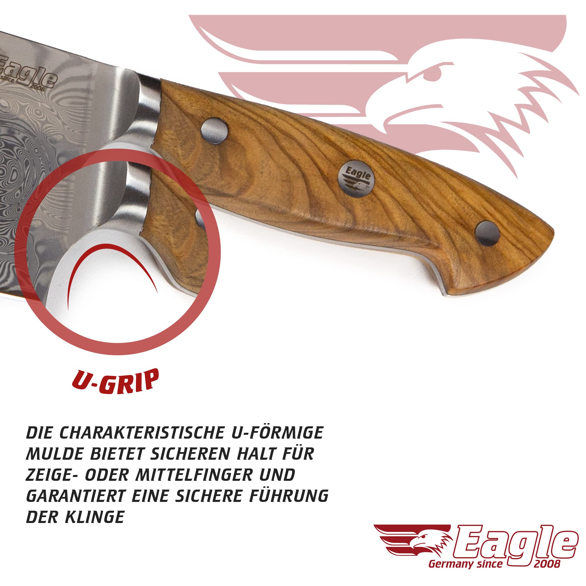 Eagle U-Grip - Brotmesser 26 cm - Voll-Damaststahl 108 Lagen/Heftschalen: Olivenholz aus Süditalien