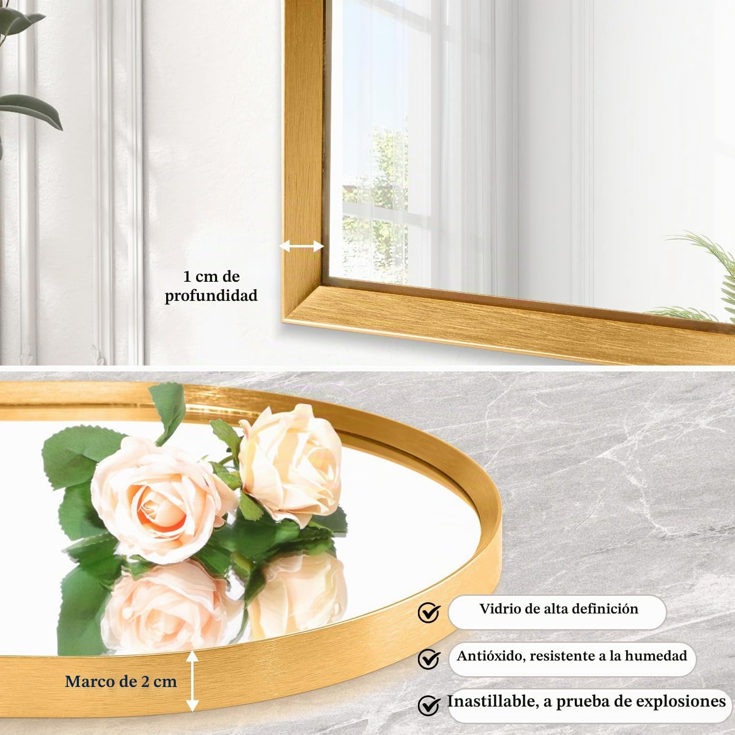 Espejo de pared (40 x 50 cm), color dorado, gran espejo de maquillaje con marco de aleación de aluminio, ideal para entrada, dormitorio, sala de estar, cuarto de baño