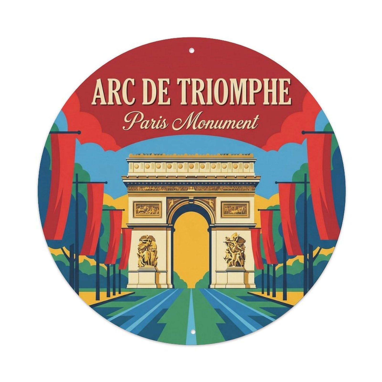 Vintage Travel Arc Triomphe France 1 Metal Tin Sign Plaque Wall Decor for Cafe, Club, Garden Round Metal Poster 8x8Inch