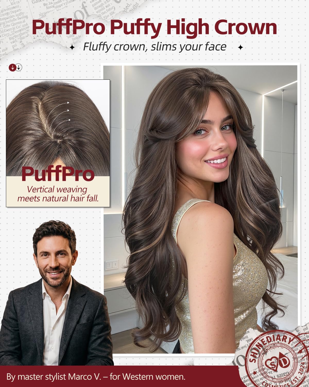 Mocha Brown with Highlights Wig With Bangs Long Wavy PuffPro Voluminous High Crown Wigs for Women,4x4'' Parting Realistic Scalp,Mob Wife Aesthetic/Clean Girl/Office Siren/Old Money Style