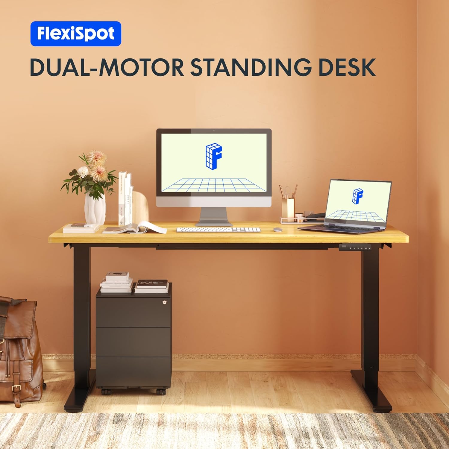 Flexispot Dual-Motor Standing Desk with a complete desk setup