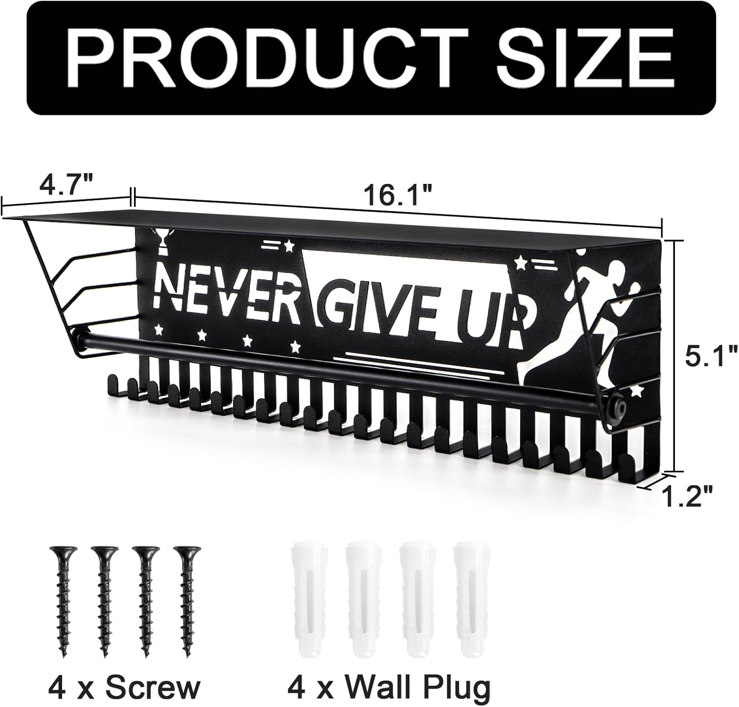 Fasmov Medal Hanger Display with Trophy Shelf, 16" Medal Holder Awards Trophy Display Trophy Shelf with 21 Hooks,Wall Mount Heavy Duty Award Hanger Rack for Running Race Wrestling Medals, Black