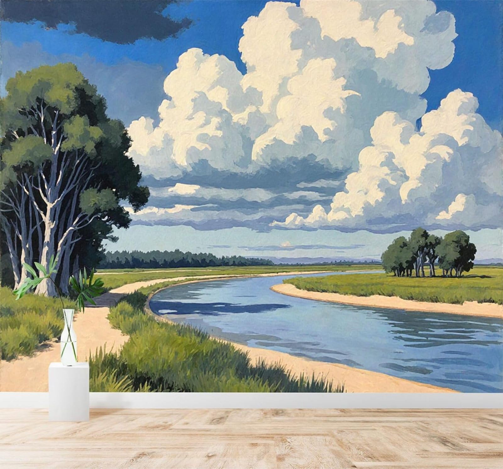 XLMING River Landscape Trees Blue Sky White Clouds 3D Wallpaper Silky Texture Home Study Office Grey Dining Room Sofa Bedroom Living Room TV Backdrop-150cm×105cm
