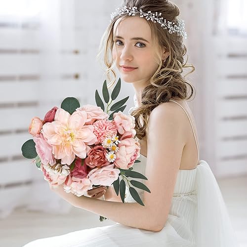 Miniatura 2 de AmyHomie Combo de flores artificiales rosadas, mezcla de seda, peonía, rosa, hortensia, margarita, flores falsas con tallo para ramos de boda,