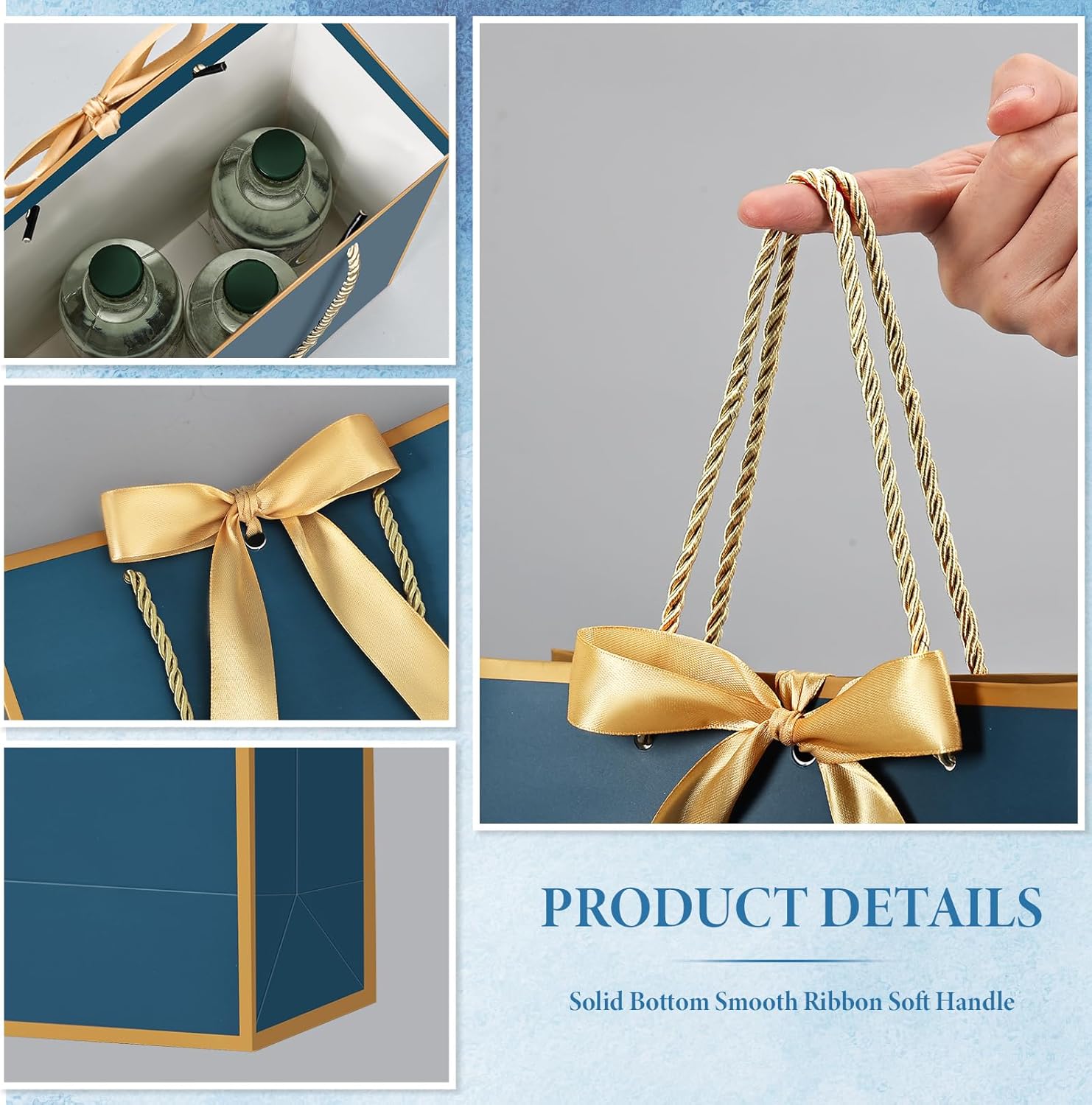 YoungTree 2PCS Medium Gift Bags with Ribbon and 2 Greeting Cards 4 Tissue Papers, Portable Paper Birthday Gift Bags with Handles, Present Bags for Valentines Day Wedding Party Supplies (Blue-Gold) - Image 4