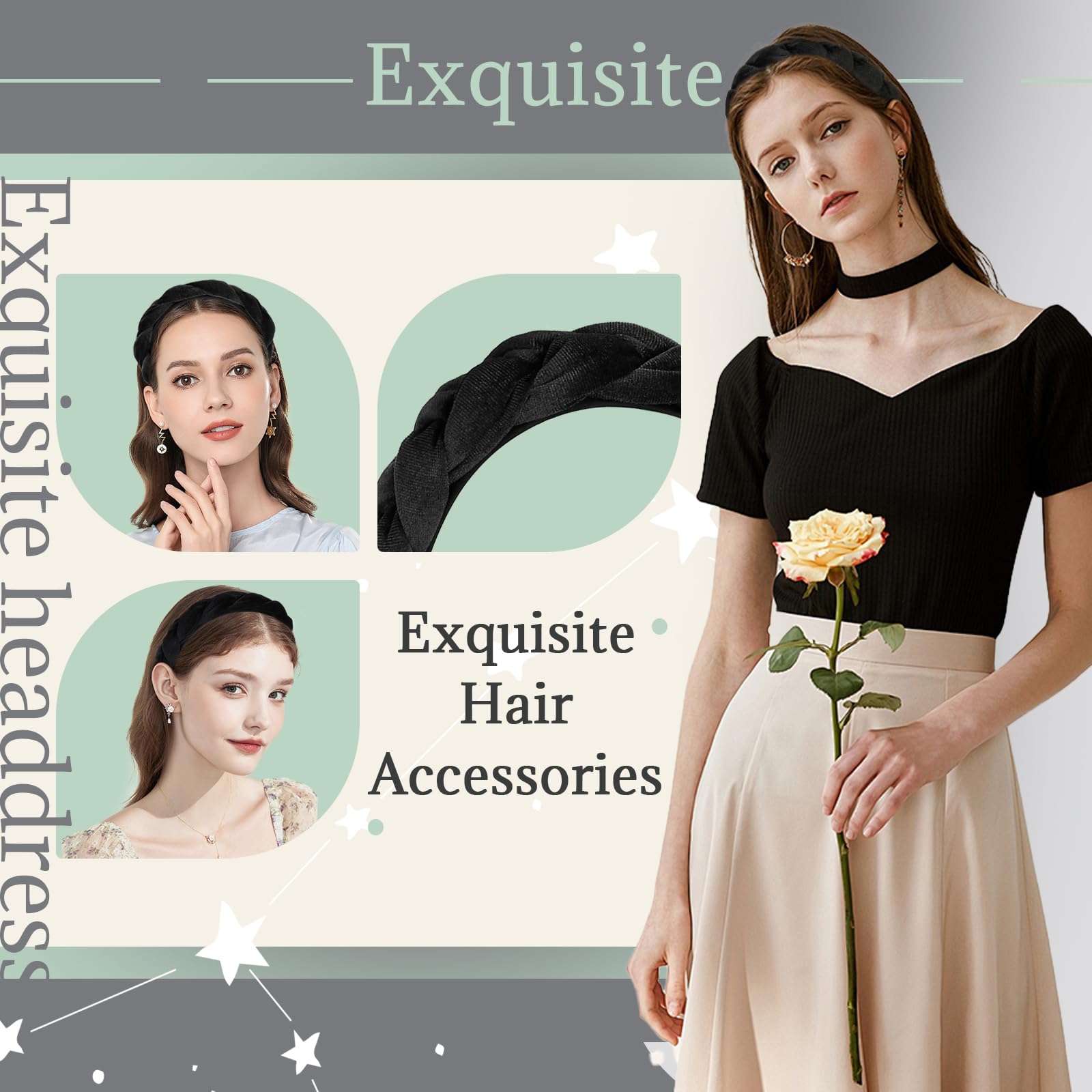 Cerchietto per capelli in velluto intrecciato, da donna, largo, vintage, alla moda, per donne (beige