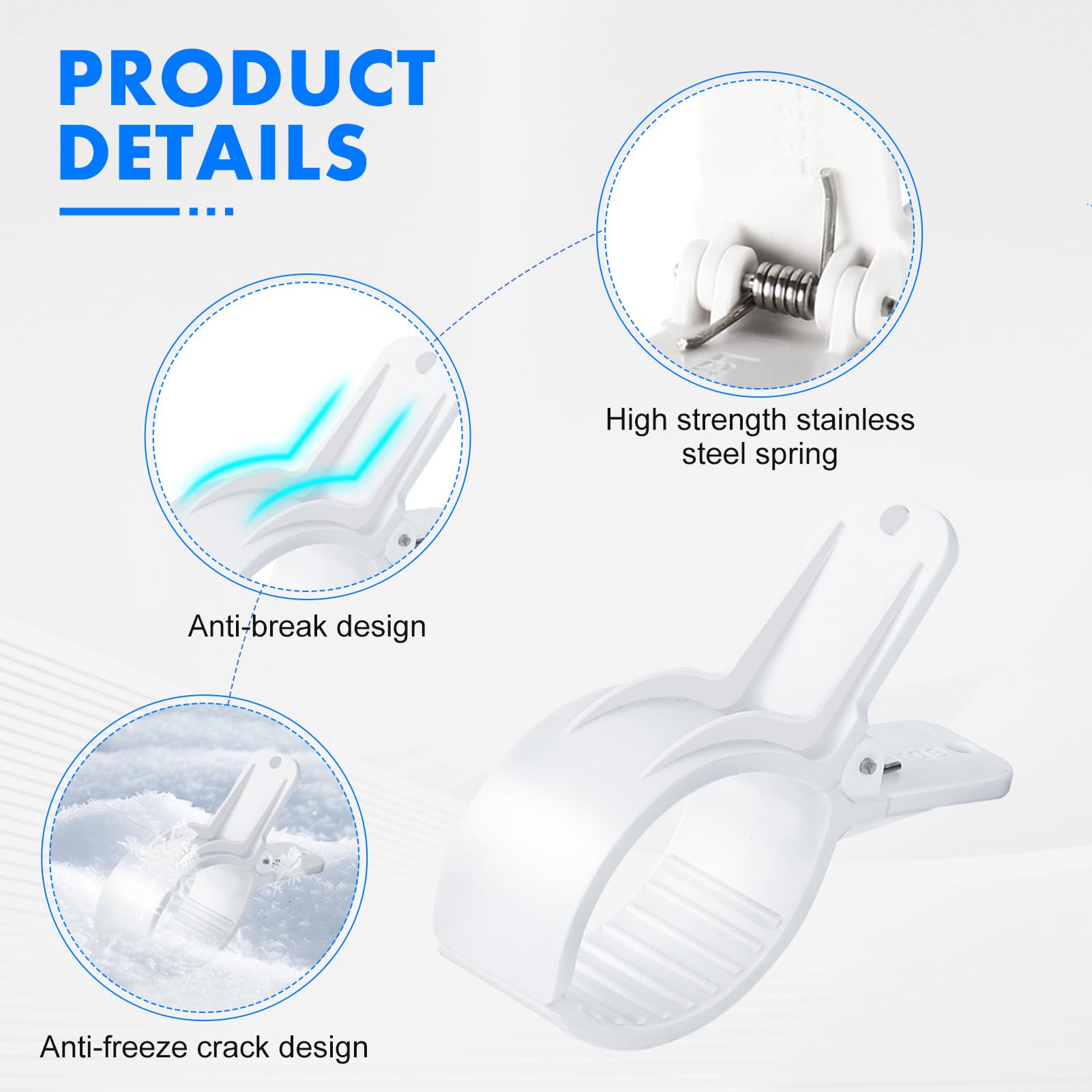 Juego de 18 juntas para lona de piscina, pinzas de gran envergadura, abrazadera de resorte fuerte para cubierta de piscina, accesorios de piscina, clips para lona de protección (blanco, grande x 18)