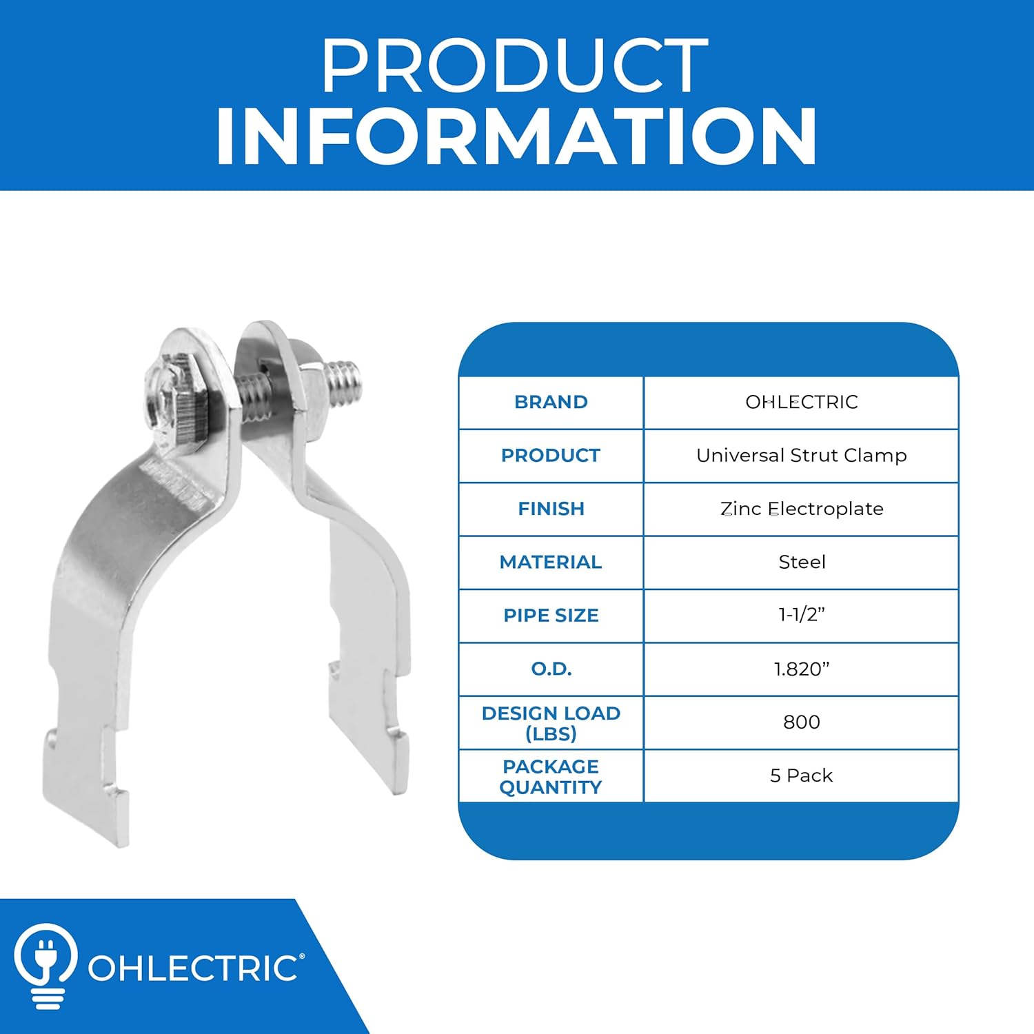 OHLECTRIC Universal Strut Clamp 1-1/2" Secures Rigid/IMC & EMT Conduit & Pipe To Strut, Zinc Electroplate Finish | Support 800 Lbs Load | (5-Pack)