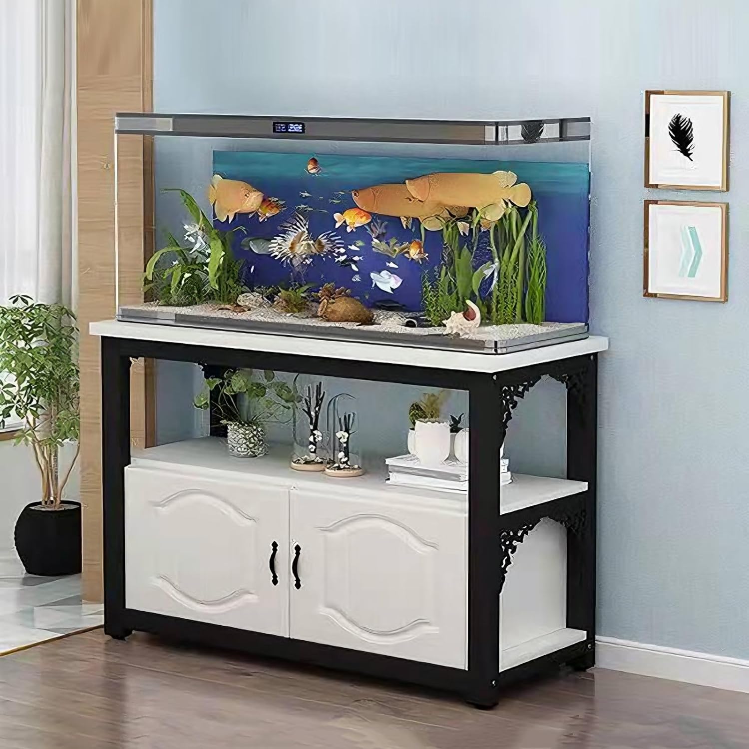 Ornate Aquarium Stand with Storage - Heavy-Duty Fish Tank Base for 30-65 Gallon Tanks, Open Shelf for Decor, Pet Supplies Organizer(White,60x30x70cm/24x12x27.5")
