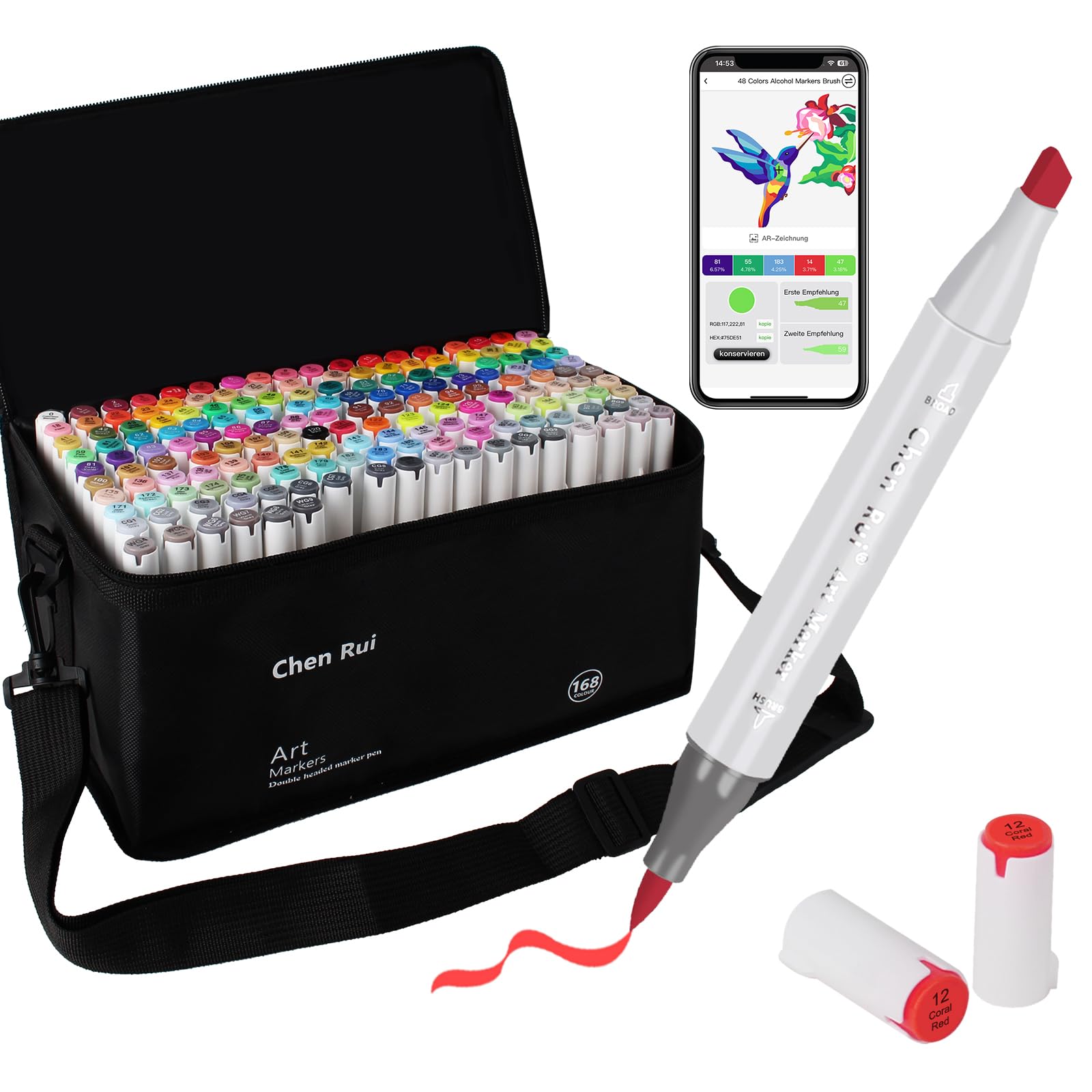 Chen Rui 168 Farben Alkohol Marker Pinselspitze mit App Alcohol Marker | Doppelspitze | Mischbar | Ungiftig | Alkoholbasis | Farbcode | Alkoholmarker for Malen, Skizzieren, Manga und Zeichnen