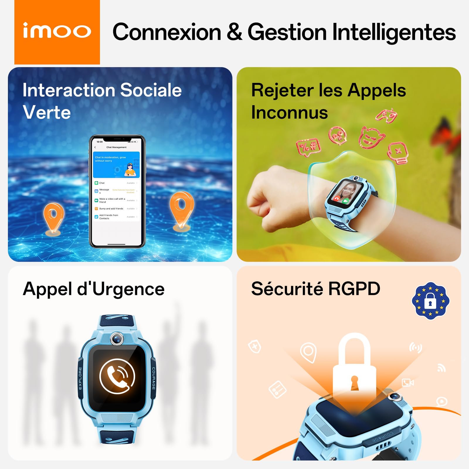 imoo Z3 Montre Connectée pour Enfants, Appels 4G Vidéo/Voix et Traqueur GPS en Temps Réel, Écran HD 1.5″ Résistant à l’Eau Jusqu’à 20m, Stockage 8GB, Contrôle Parental avec kit d'accessoires (Bleu)