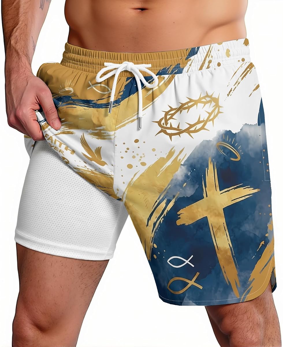 Men's National Swim Trunks Quick Dry Board Shorts with Compression Liner Casual Bathing Suit for Beach Vacation Surfing Party