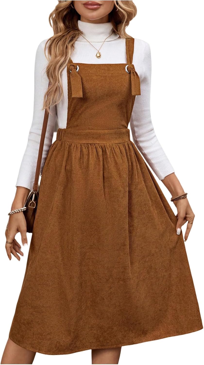 Women's Square Neck Pinafore Dress Fall Vintage Backless A Line Midi Overall Dresses with Pockets