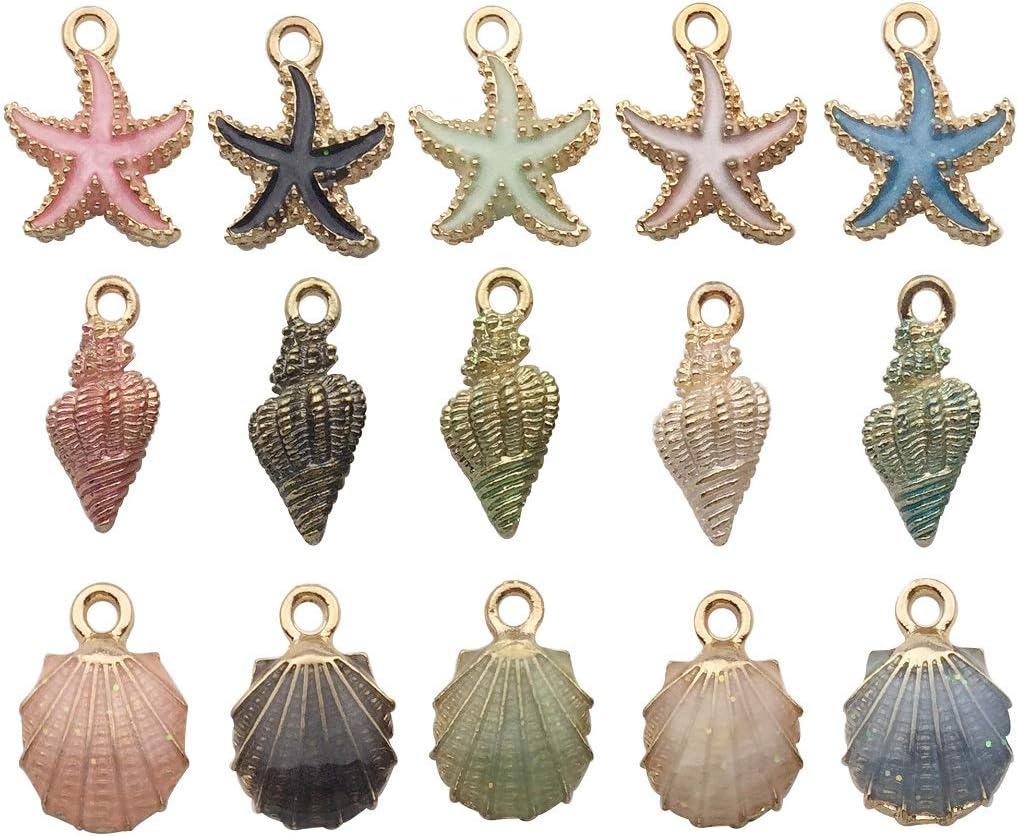 30pcs Mixed Colors Enamel Conch Starfish Sea Horse Charms Collection, Sea Shell Sea Star Metal Pendant Supplies Findings for Jewelry Making (HM156)