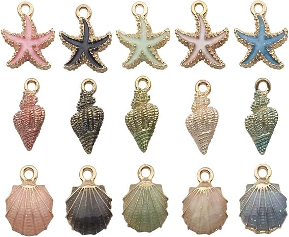 30pcs Assorted Gold Plated Enamel Ocean Starfish Conch Shell Charm Pendant for DIY Jewelry Making Necklace Bracelet Earring DIY Jewelry Accessories Charms (M156)