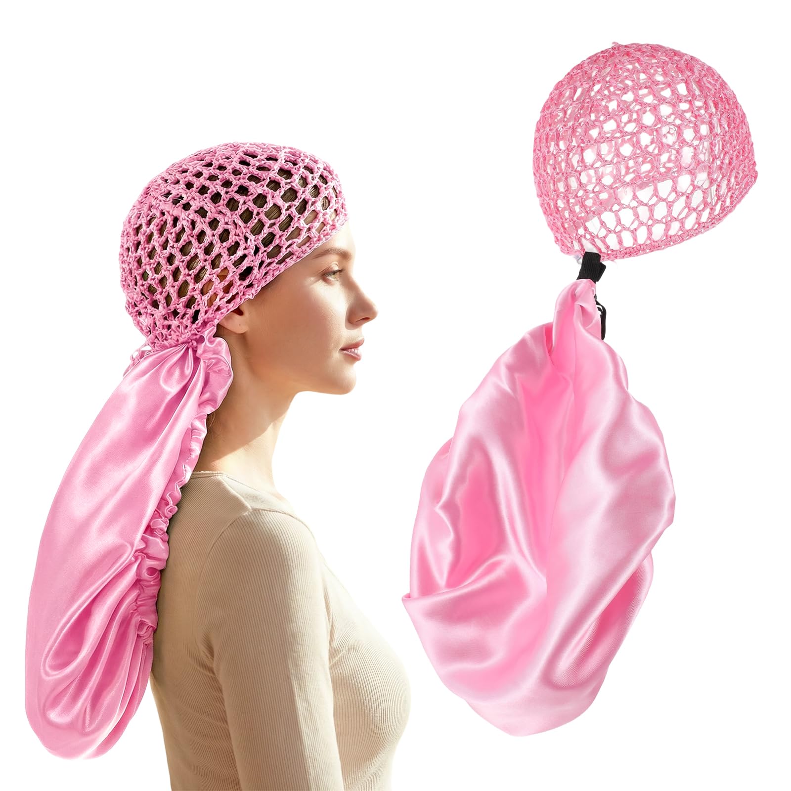 2 In 1 Wrap Cap Bonnet with Net,Hair Net for Silk Press,Pink