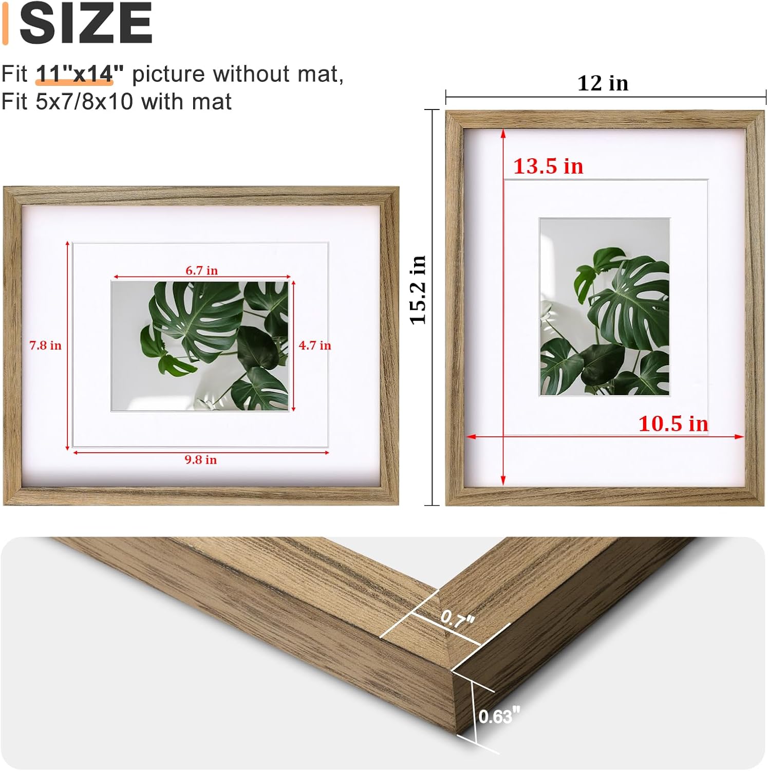 Egofine 11x14 Picture Frames with Plexiglass, Display Pictures 5x7/8x10 with Mat or 11x14 Without Mat Set of 4 for Tabletop and Wall Mounting, Carbonized Brown - Image 3