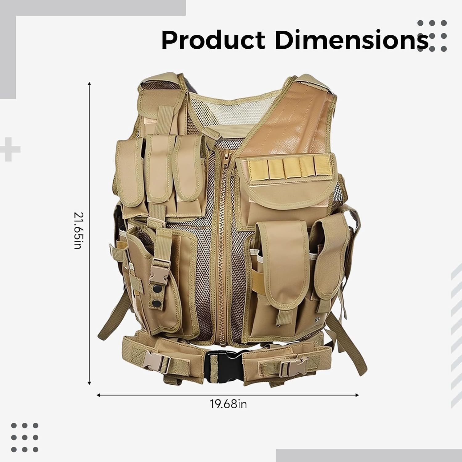 Khaki Airsoft Vest for Men, Combat Gear with Pouches, Breathable, Lightweight & Adjustable, 21.7 X 19.7 in