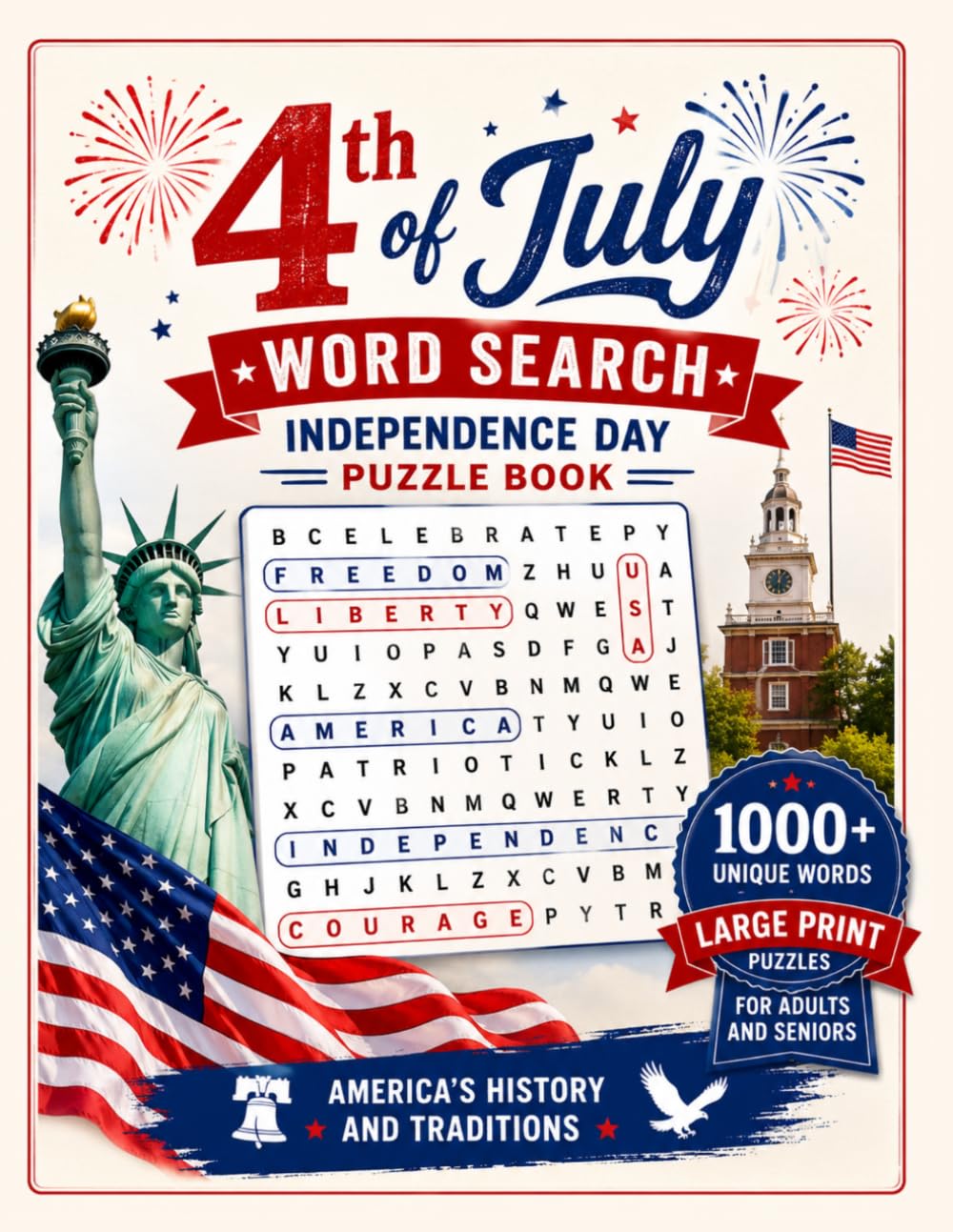 4th of July Word Search: Independence Day Puzzle Book: 1000+ Unique Words Large Print Puzzles for Adults and Seniors: America’s History and Traditions (Celebrate America Series)
