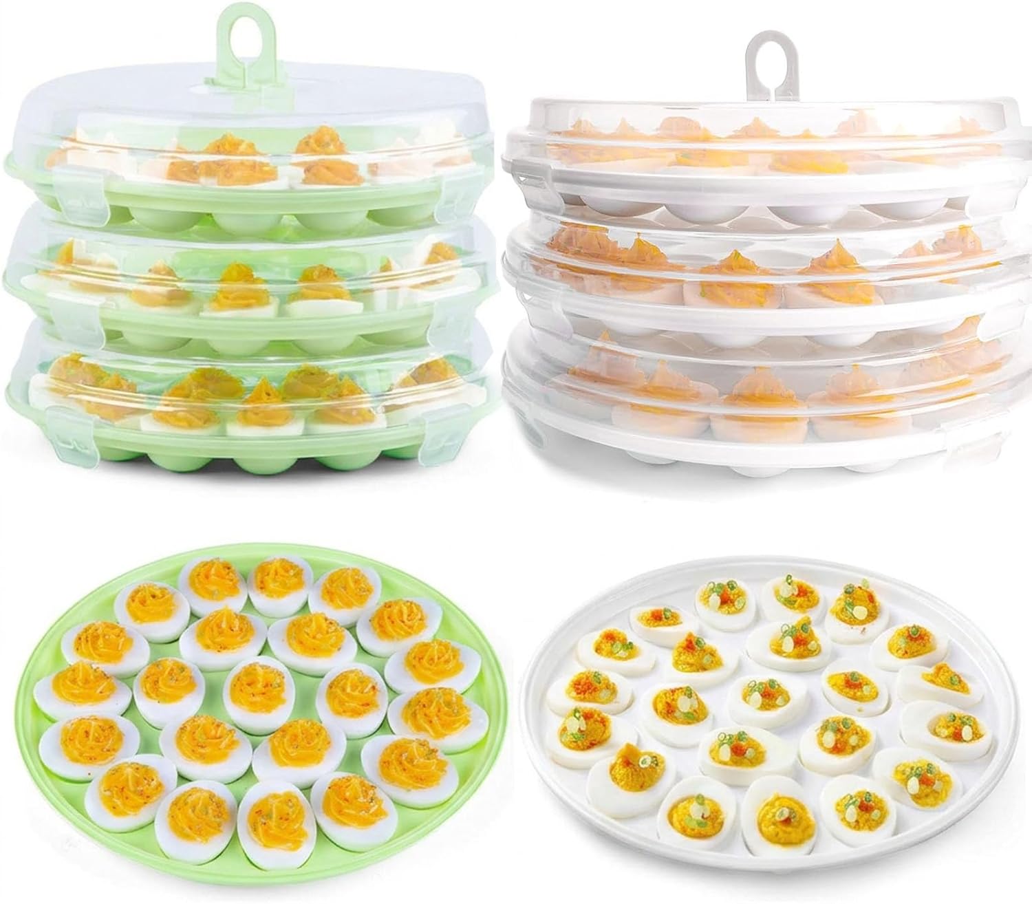 HANSGO 6 PCS Deviled Egg Container Bundle, Green and White Platter Carrier Trays with Lids, 132 Slots for Party, Picnic, Kitchen Storage