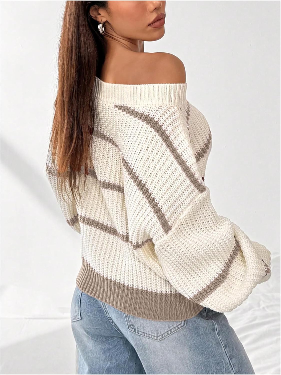 SOLY HUX Women's Off The Shoulder Striped Sweaters Knit Oversized Jumper Tops Pullover Multicolor Medium - Image 2