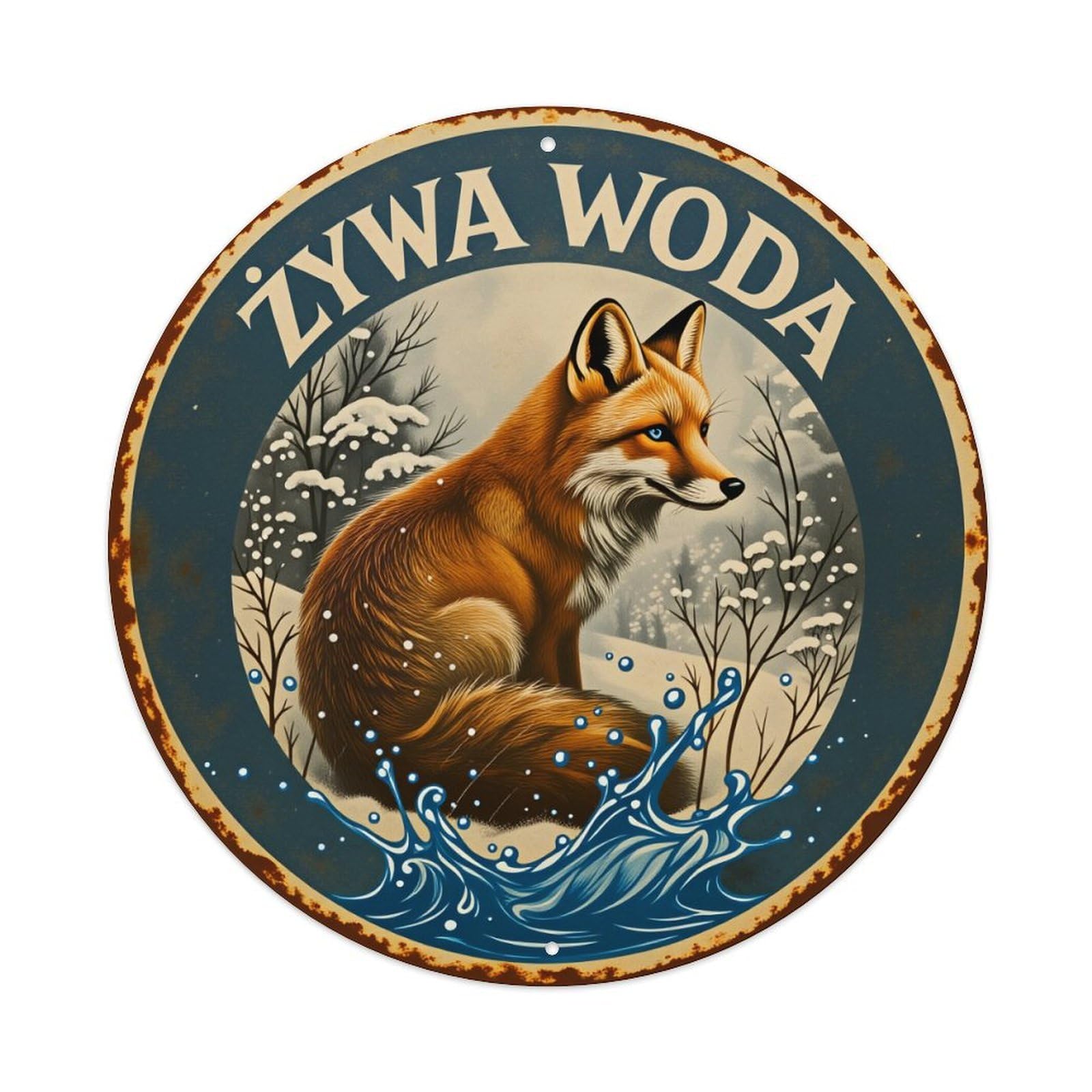 Fox Winter Water Splash Logo Round Tin Sign Vintage Style Metal Sign Home Bar Garden Wall Plaque Decor Metal Poster 8x8 Inch
